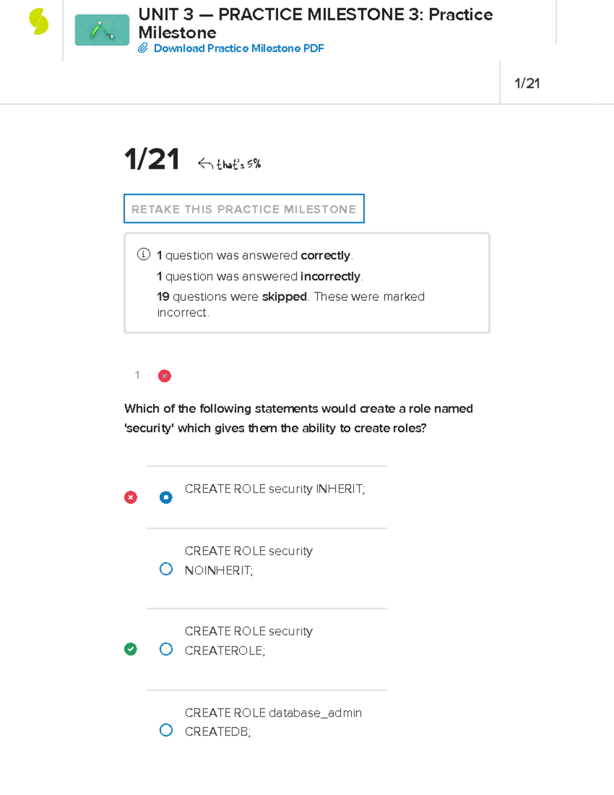 UNIT 2 — Practice Milestone 3 - 1 1 / 21 That's 5% RETAKE THIS PRACTICE ...