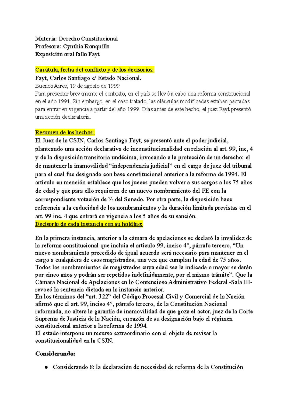 Fallo FAYT Derecho Constitucional - primer grupo - Materia: Derecho ...