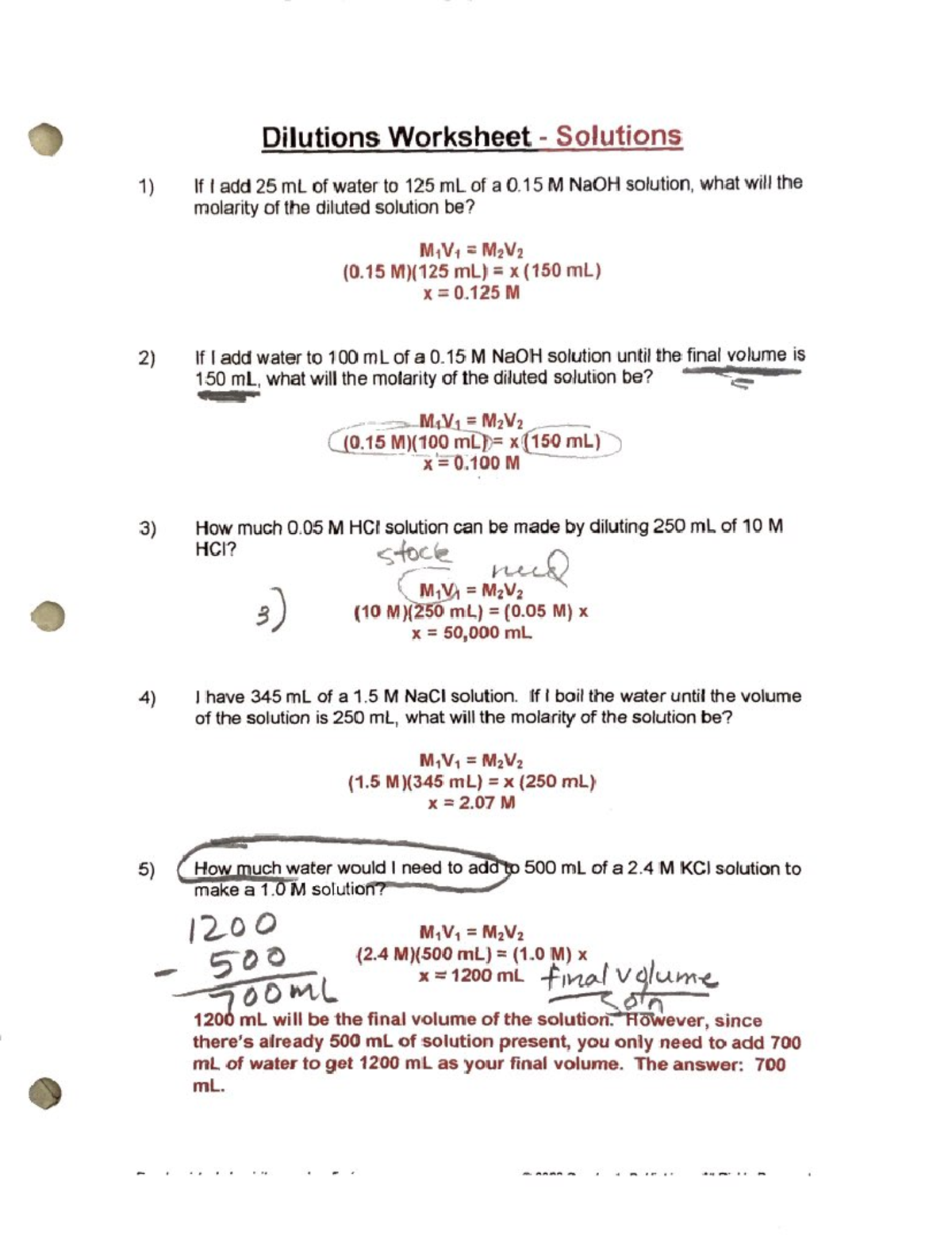 Dilutions Volume Change And Molarity Worksheet Practice Problems - Key ...