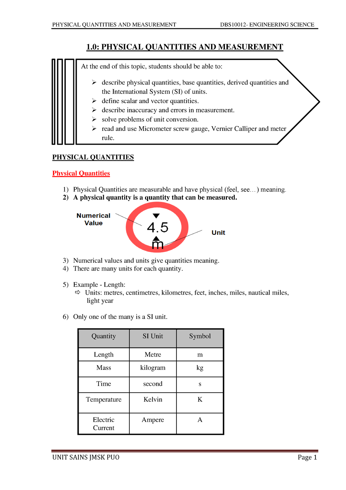 1.0 Physical Quantities and Measurement