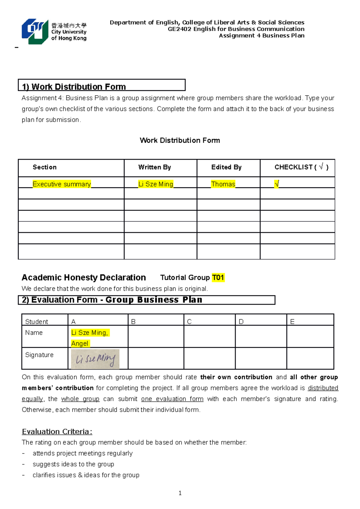 Work Distribution Form - A4 - Department of English, College of Liberal ...