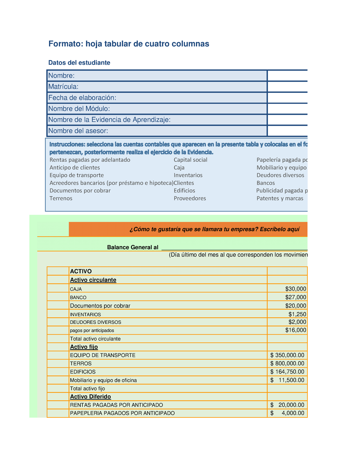 Balance Formato Hoja Tabular De Cuatro Columnas Activo Activo Circulante Caja 30 Banco 27 4384