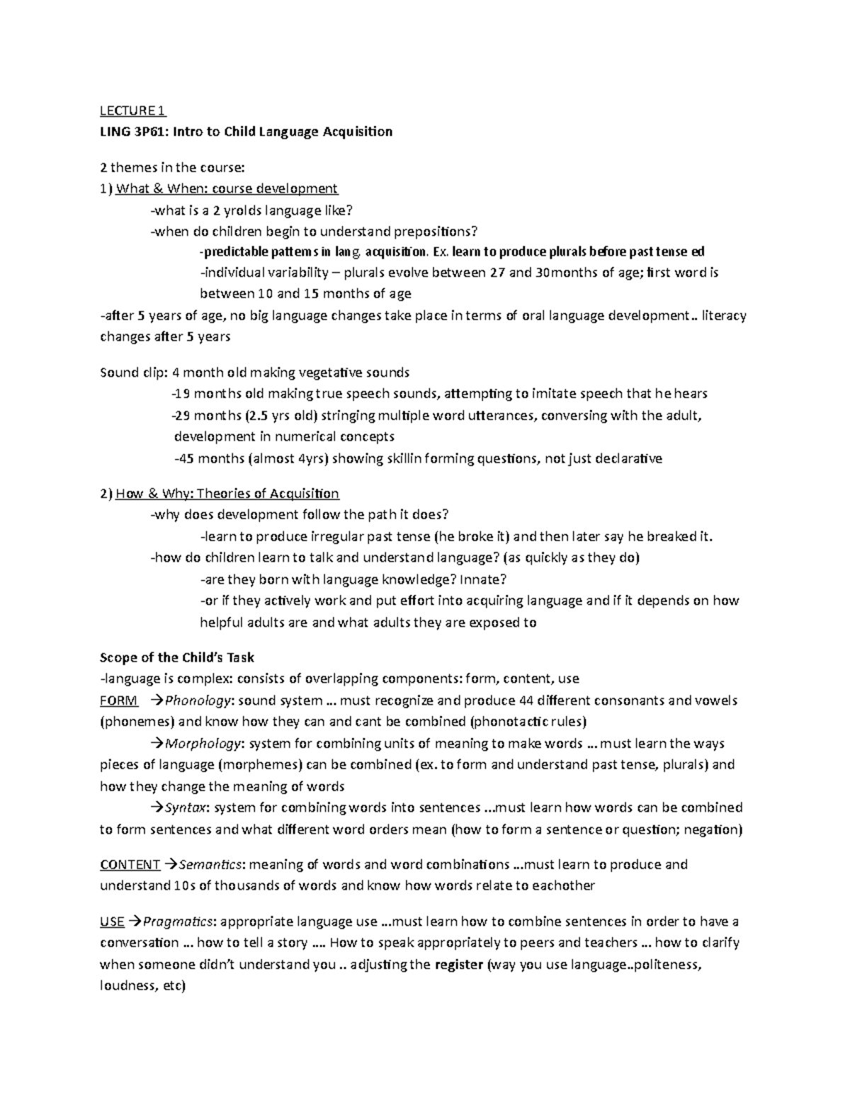 Intro to Child Language Acquisition: Themes and Theories - Studocu
