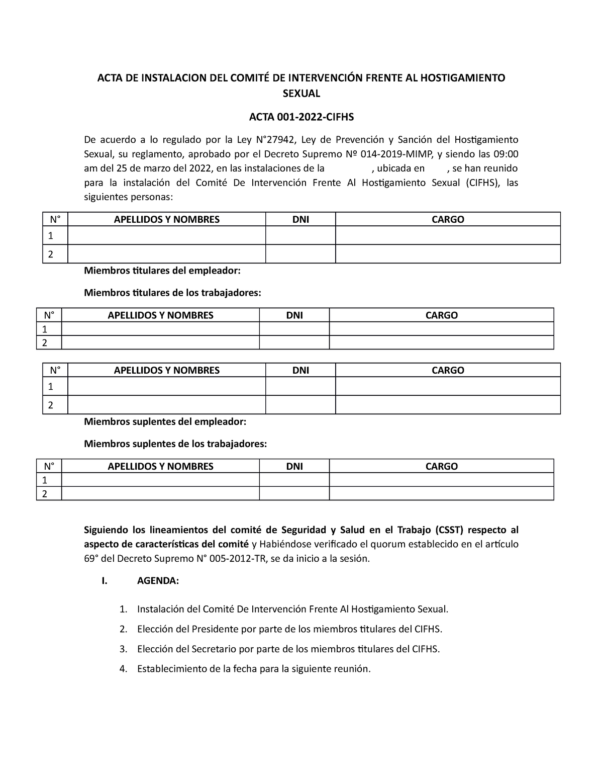 Acta De Instalacion Informacion Relacionada Al Acoso Y Hostigamiento