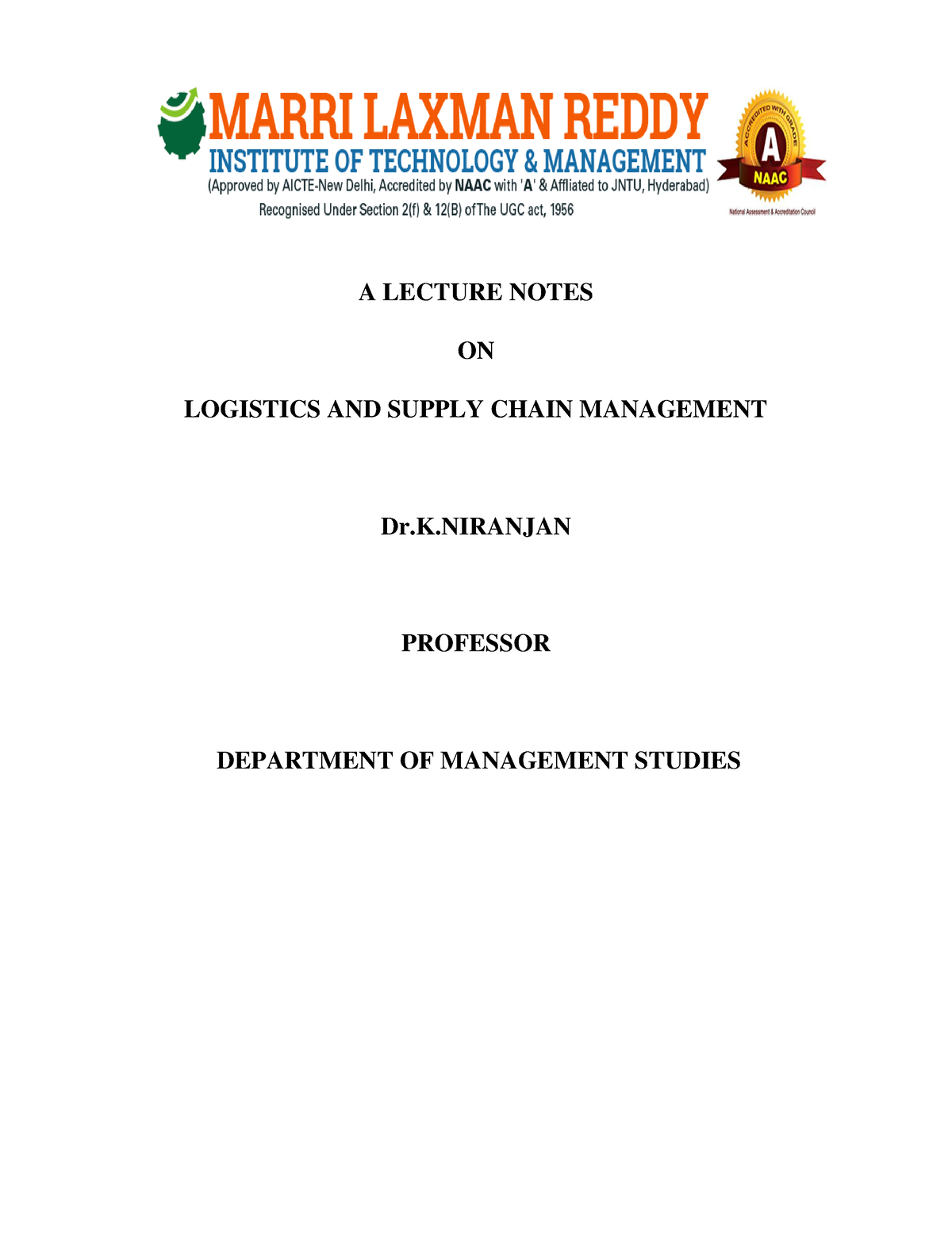 Logistics Supply Chain Management - A LECTURE NOTES ON LOGISTICS AND ...