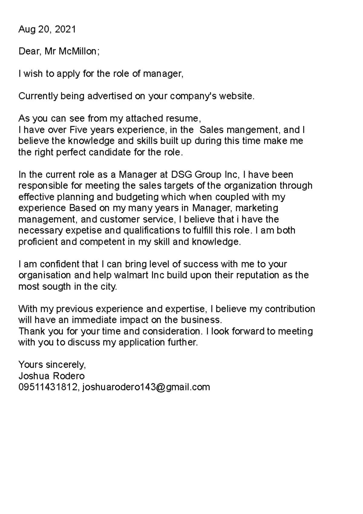 Letter of application 01 - Aug 20, 2021 Dear, Mr McMillon; I wish to ...