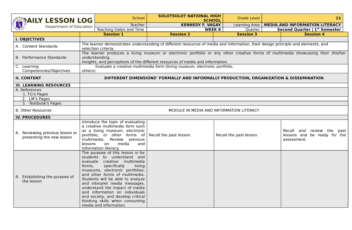 Dll MIL Quarter 2 WEEK 6 - Notes - DAILY LESSON LOG Department Of ...