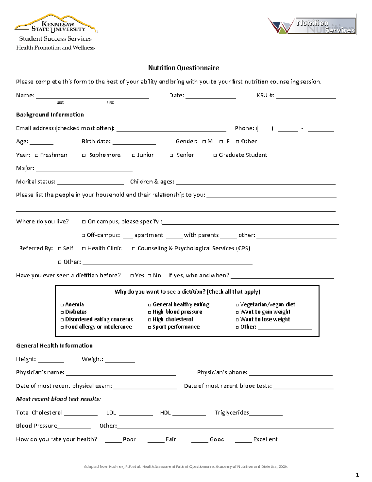 Simple Nutrition Questionnaire Format Nutrition Questionnaire Please