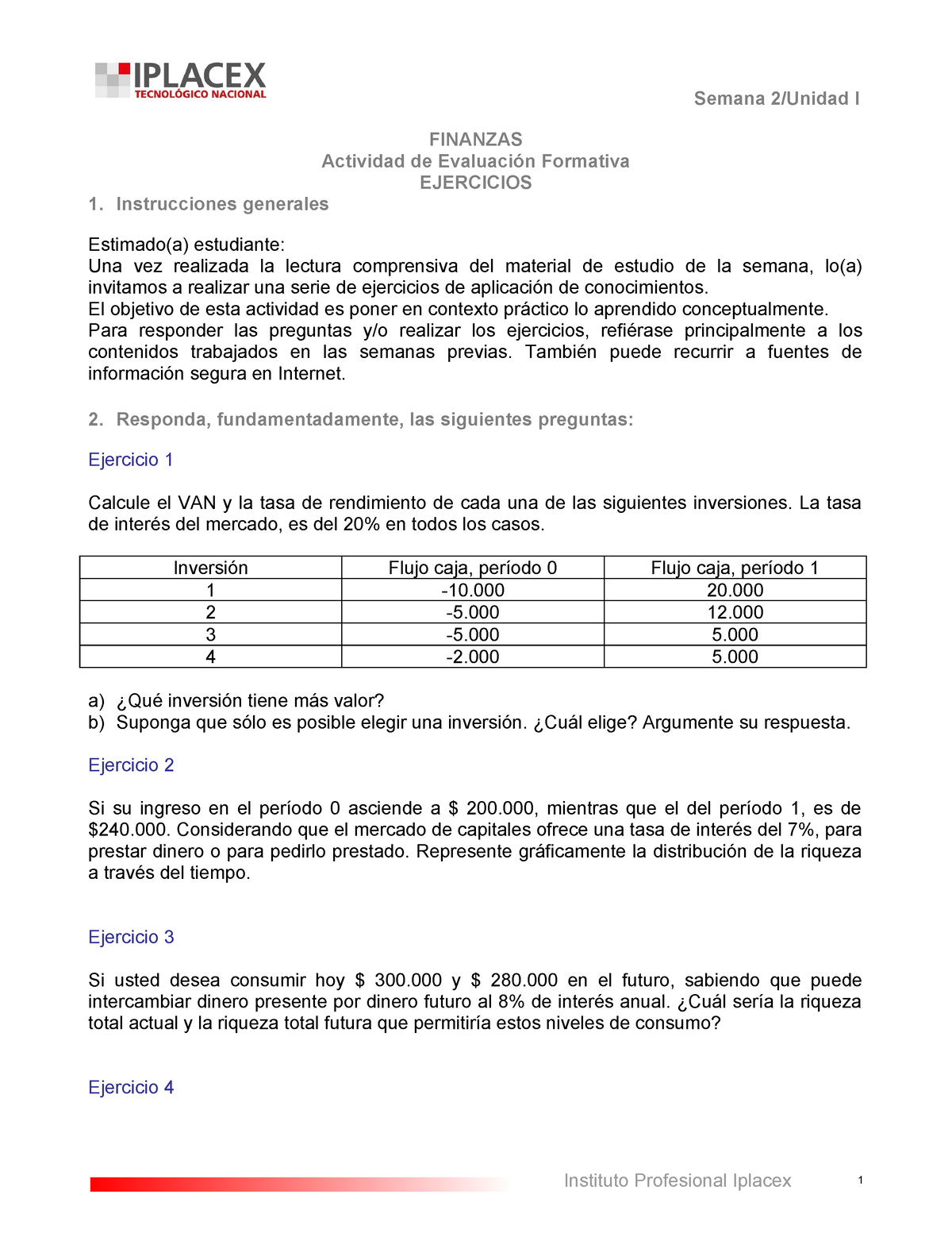 EJ 2 - Ejercicios Finanzas - Instituto Profesional Iplacex Semana 2 ...