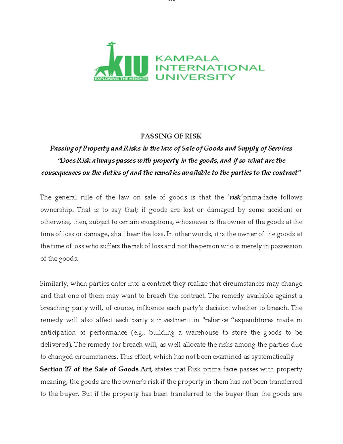 Passing OF RISK - PASSING OF RISK Passing of Property and Risks in the ...