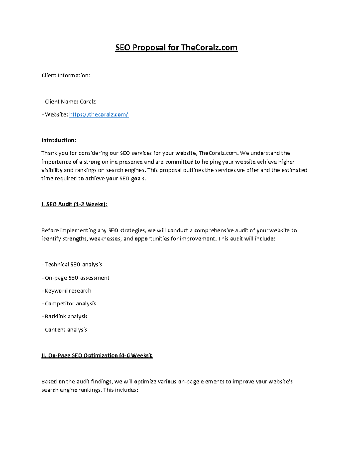 SEO PLAN - Plan - SEO Proposal for TheCoralz Client Information: Client ...