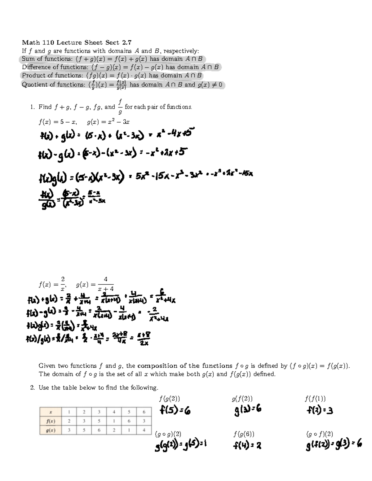 Guided Lecture Notes 2 - Math 110 Lecture Sheet Sect 2. If f and g are ...