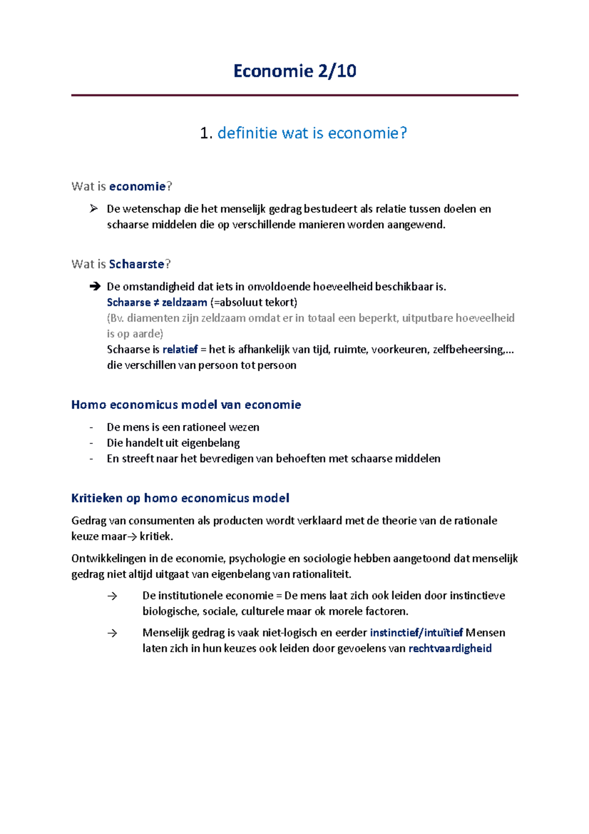 Economie en sociaal werk les 1 Economie 2/ 1. definitie wat is