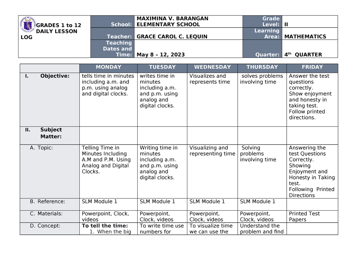 MAth-2-weekly-plan-week-1 - GRADES 1 to 12 DAILY LESSON LOG School ...