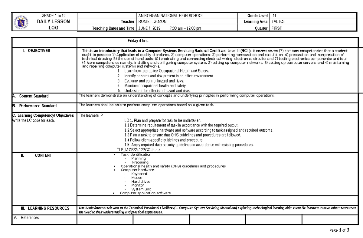 DLL ICT9 LO1 - DLL for COT in ICT - GRADE 1 to 12 DAILY LESSON LOG ...