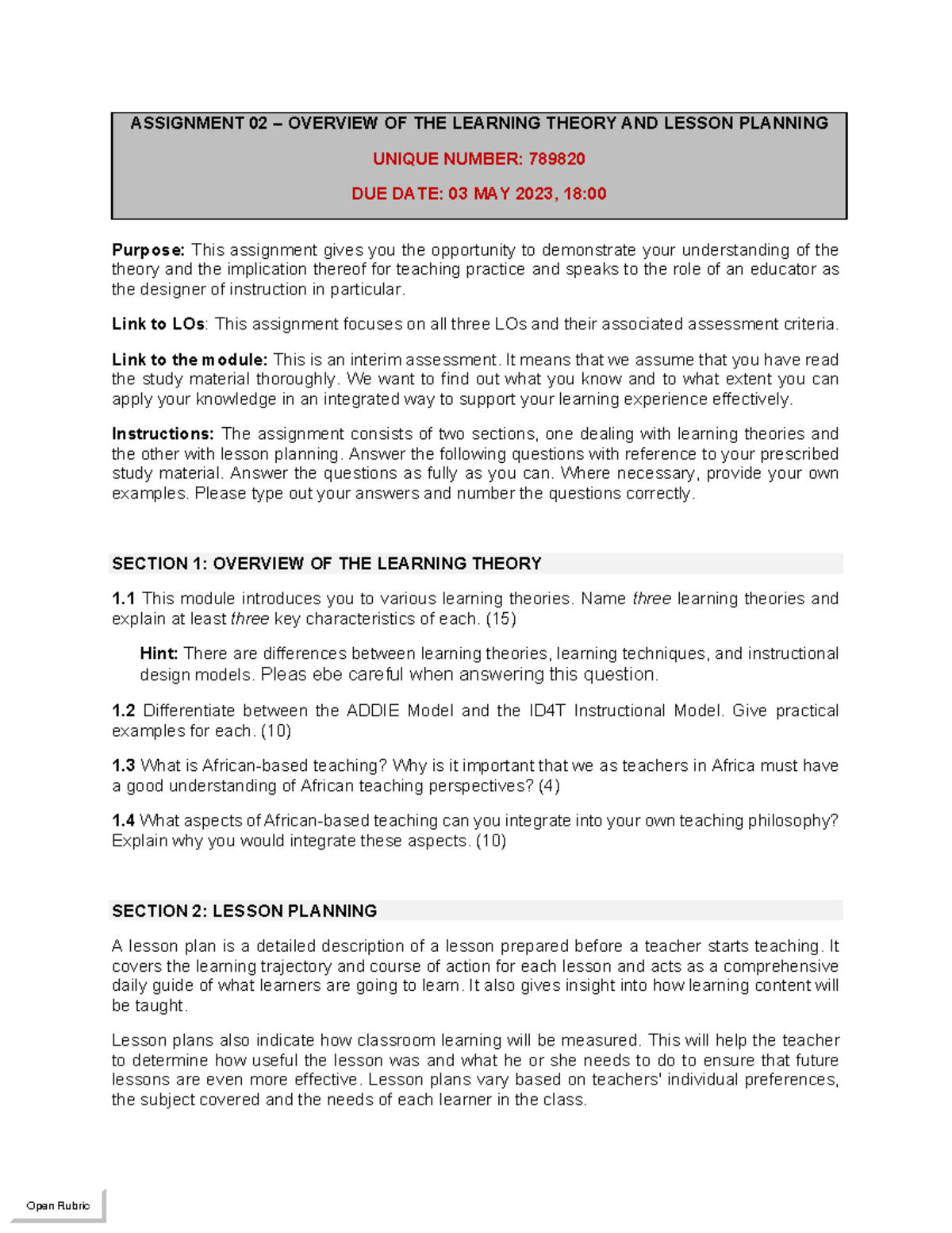 ISC3701- Assignment-01 - ASSIGNMENT 02 – OVERVIEW OF THE LEARNING ...