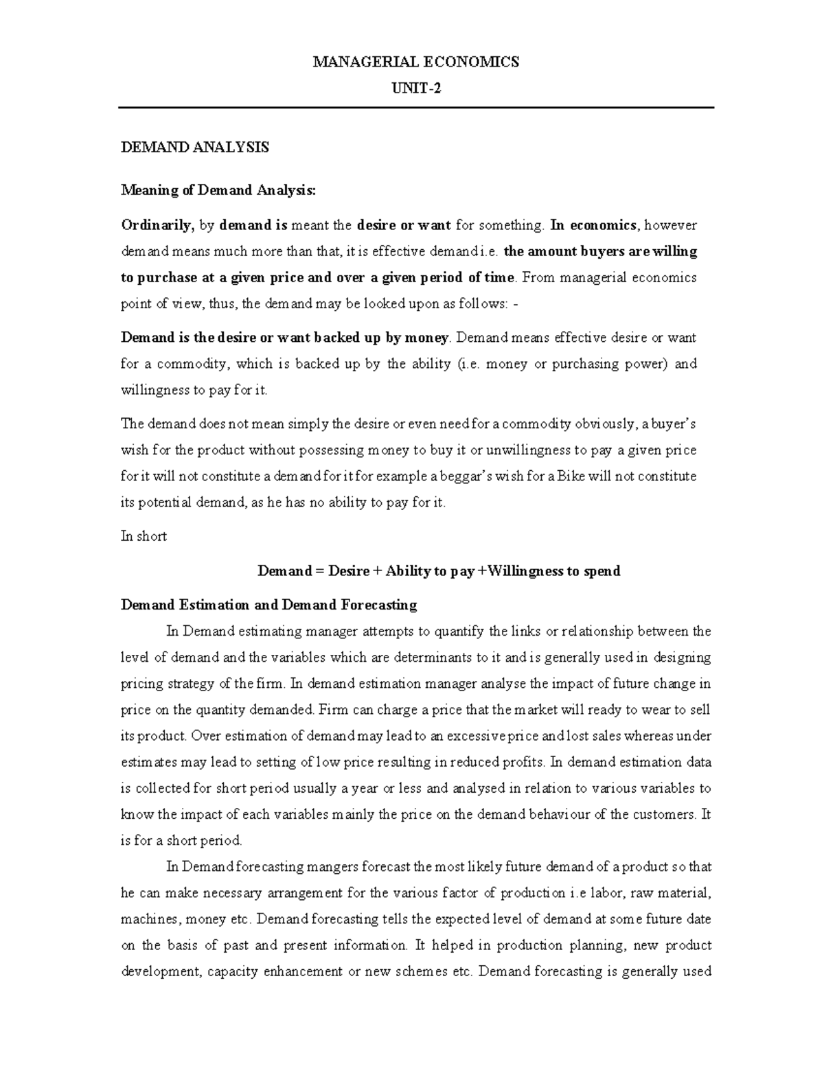 18MCO12C-U2 - NOTE SON MBA - MANAGERIAL ECONOMICS UNIT- DEMAND ANALYSIS ...