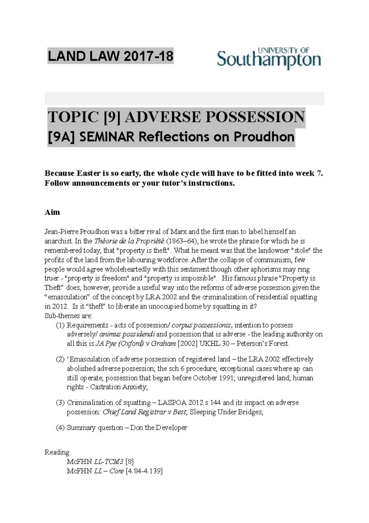 LL 17-18 ho ADV POSS - LAND LAW 2017-18 TOPIC [9] ADVERSE POSSESSION ...