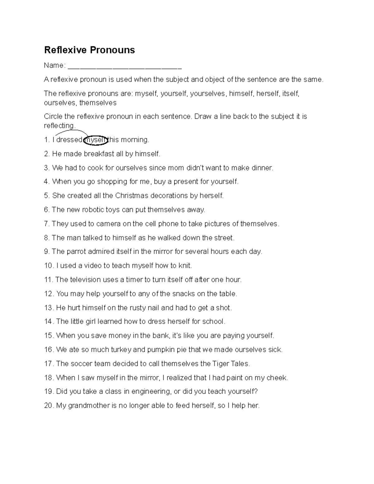 LS 2 (English) - Kinds of Pronoun Worksheet - Reflexive Pronouns Name