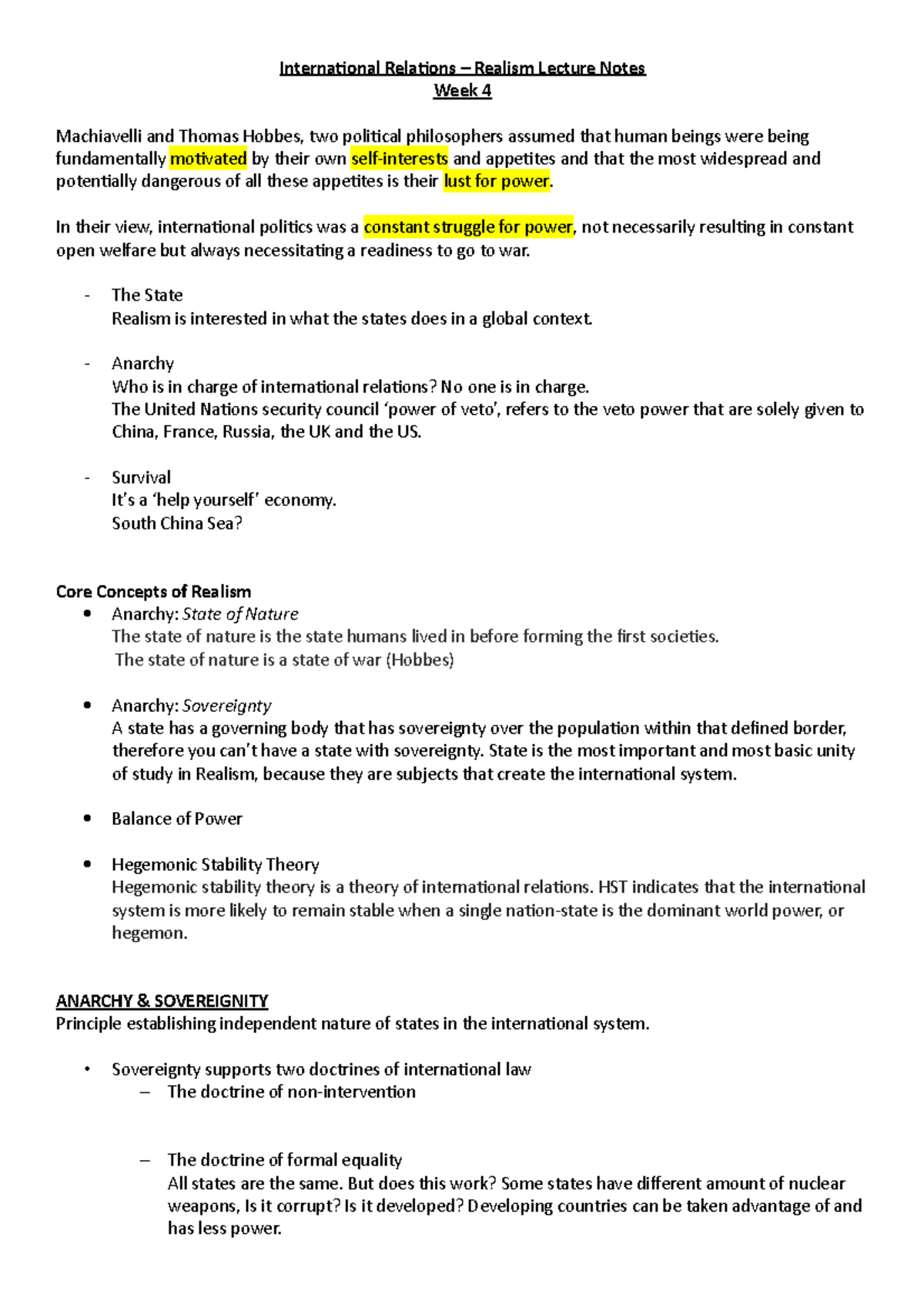 Week 4 - Realism Notes - International Relations – Realism Lecture ...