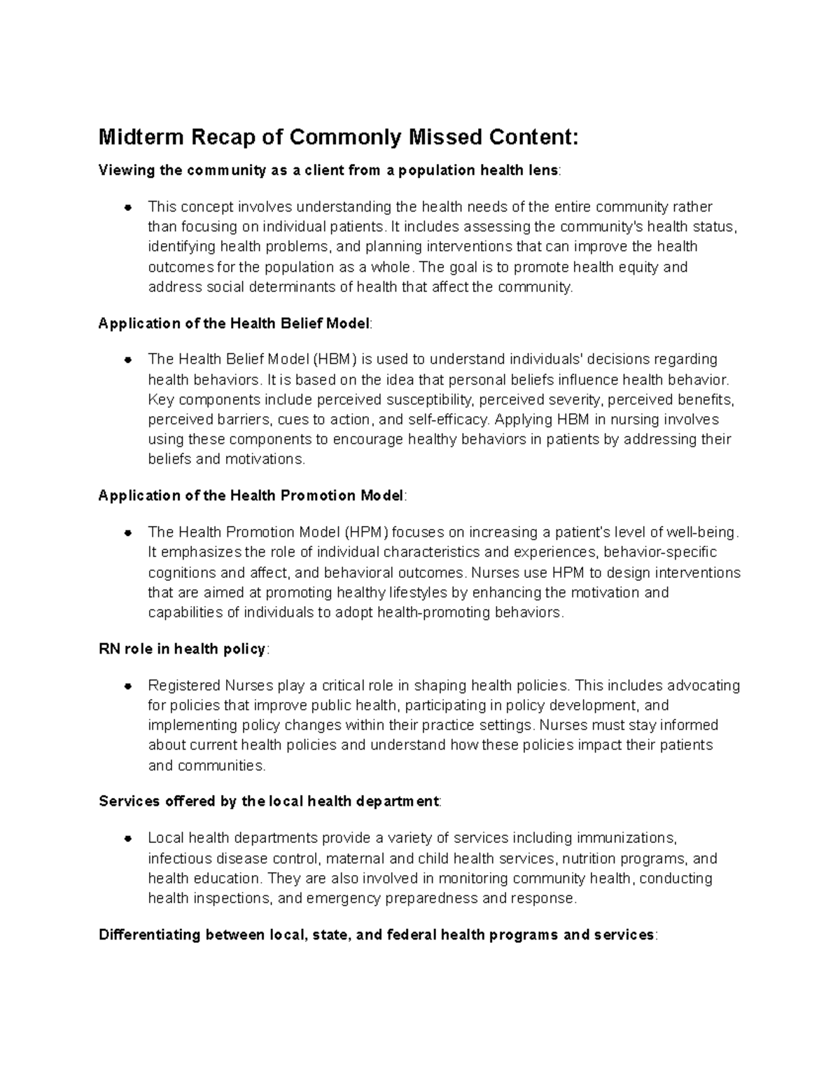 Community Nursing Midterm Recap - Midterm Recap of Commonly Missed ...