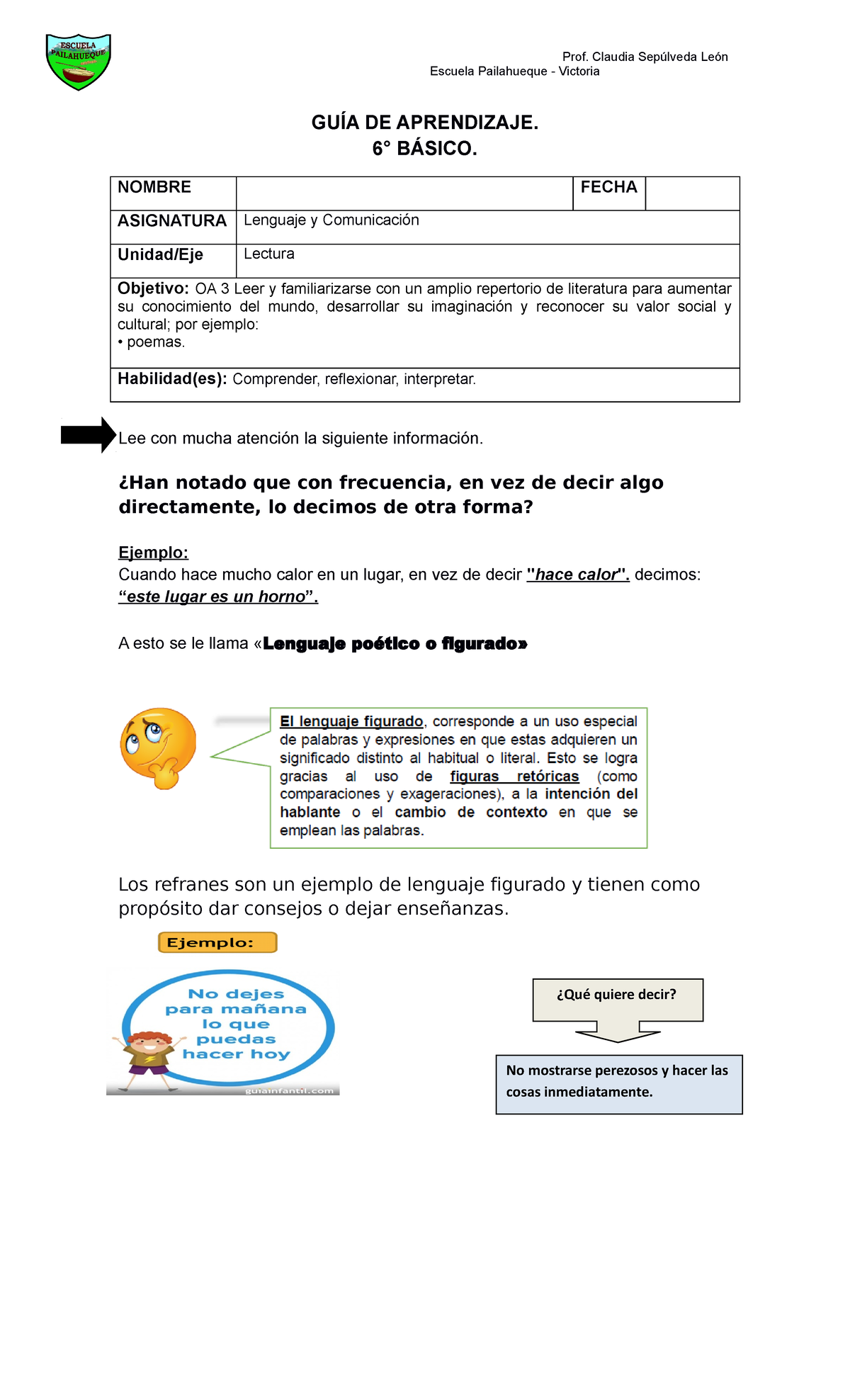 Guía 6° Leng Figurado GuÍa De Aprendizaje 6° BÁsico Nombre Fecha Asignatura Lenguaje Y 3562