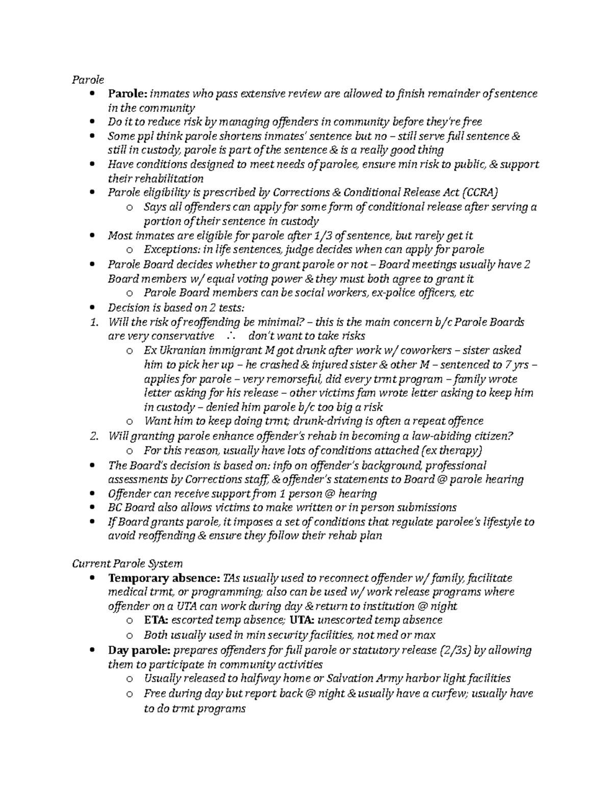 Lecture Notes, Parole - Parole Parole: inmates who pass extensive ...