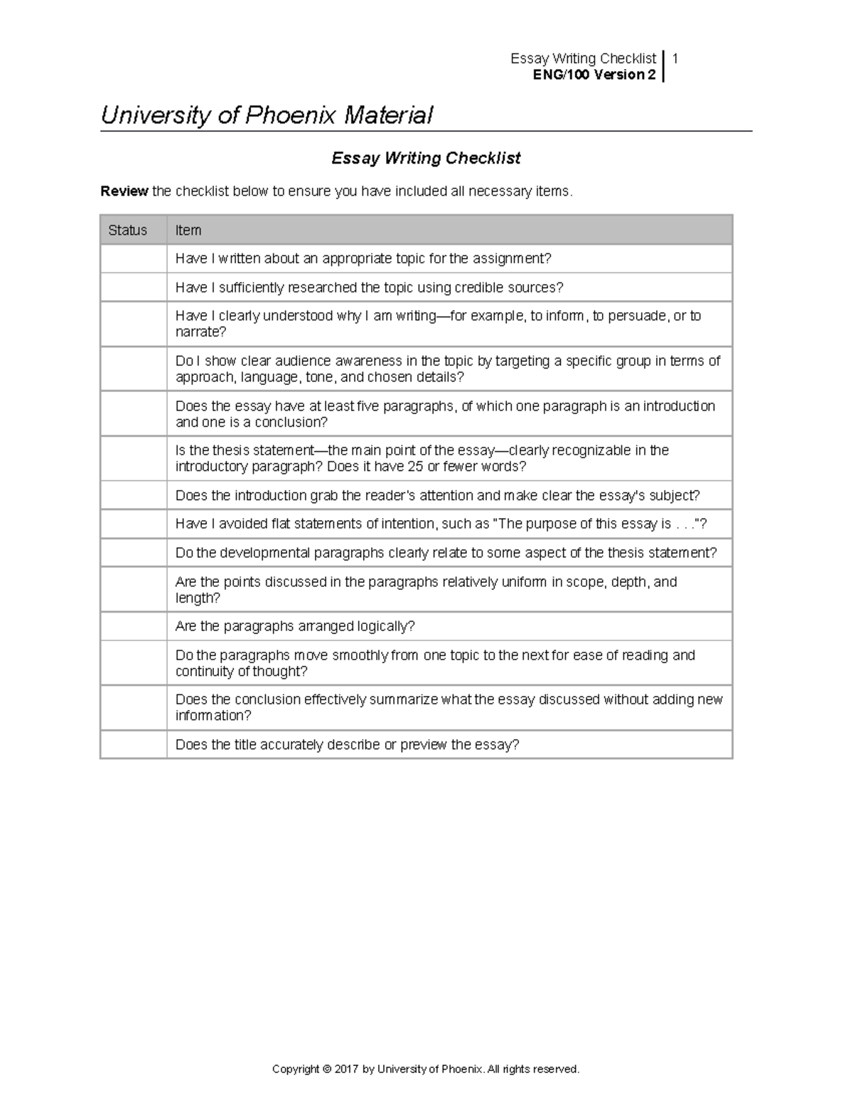 checklist for essay