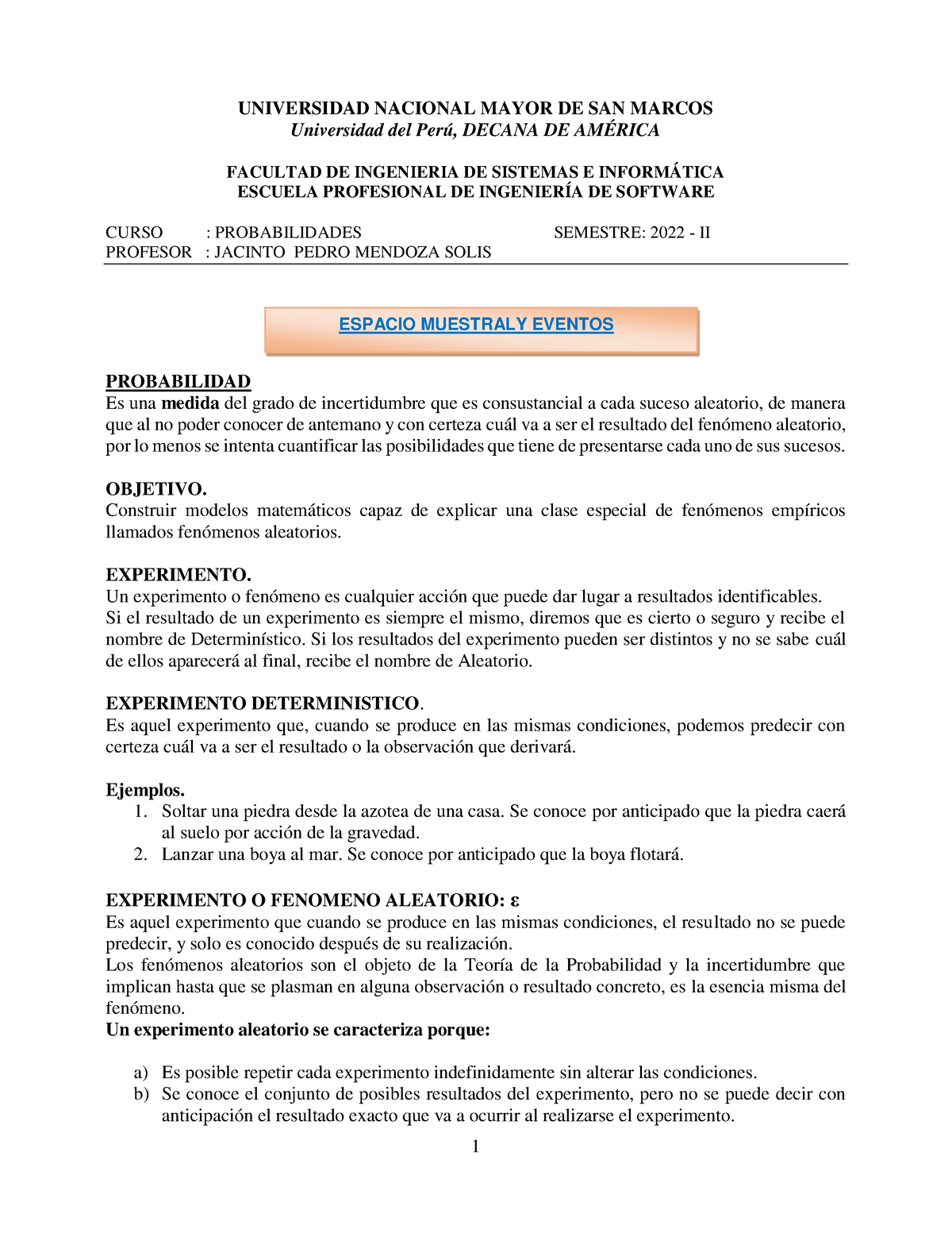 Clase 1-Espacio Muestral-Probabilidades- Episw-2022-II - UNIVERSIDAD ...