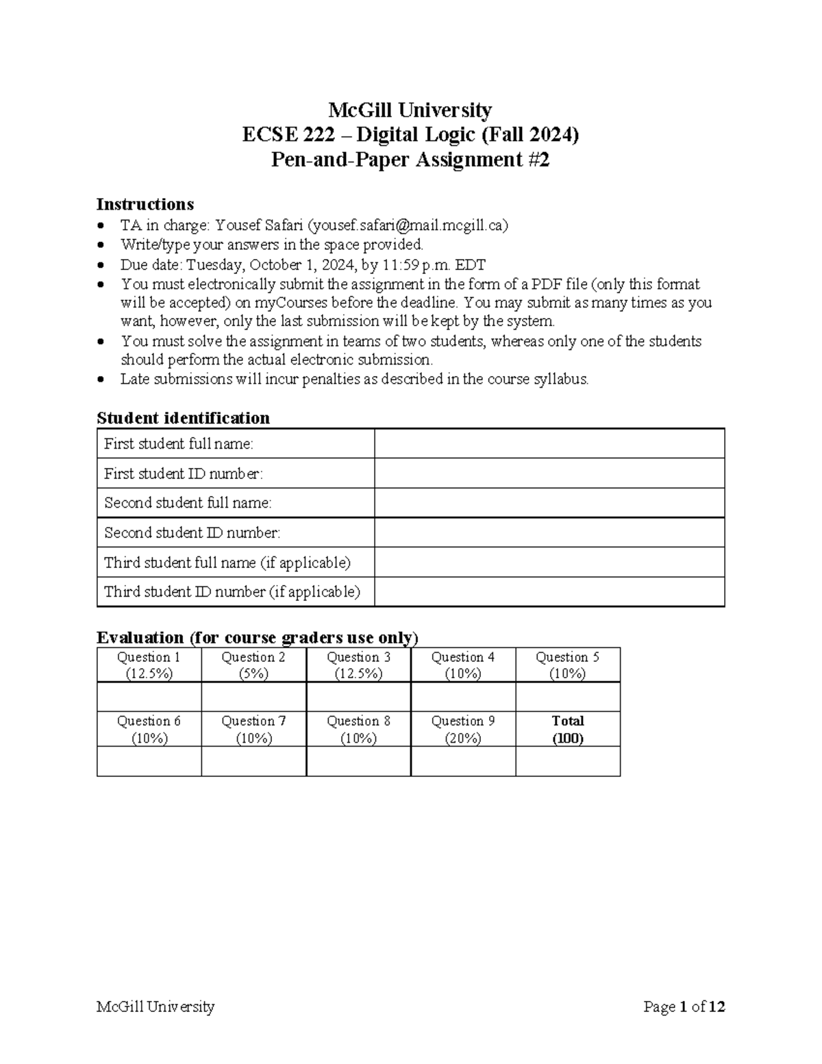 PP2 - F2024 - Solution - McGill University ECSE 222 – Digital Logic ...