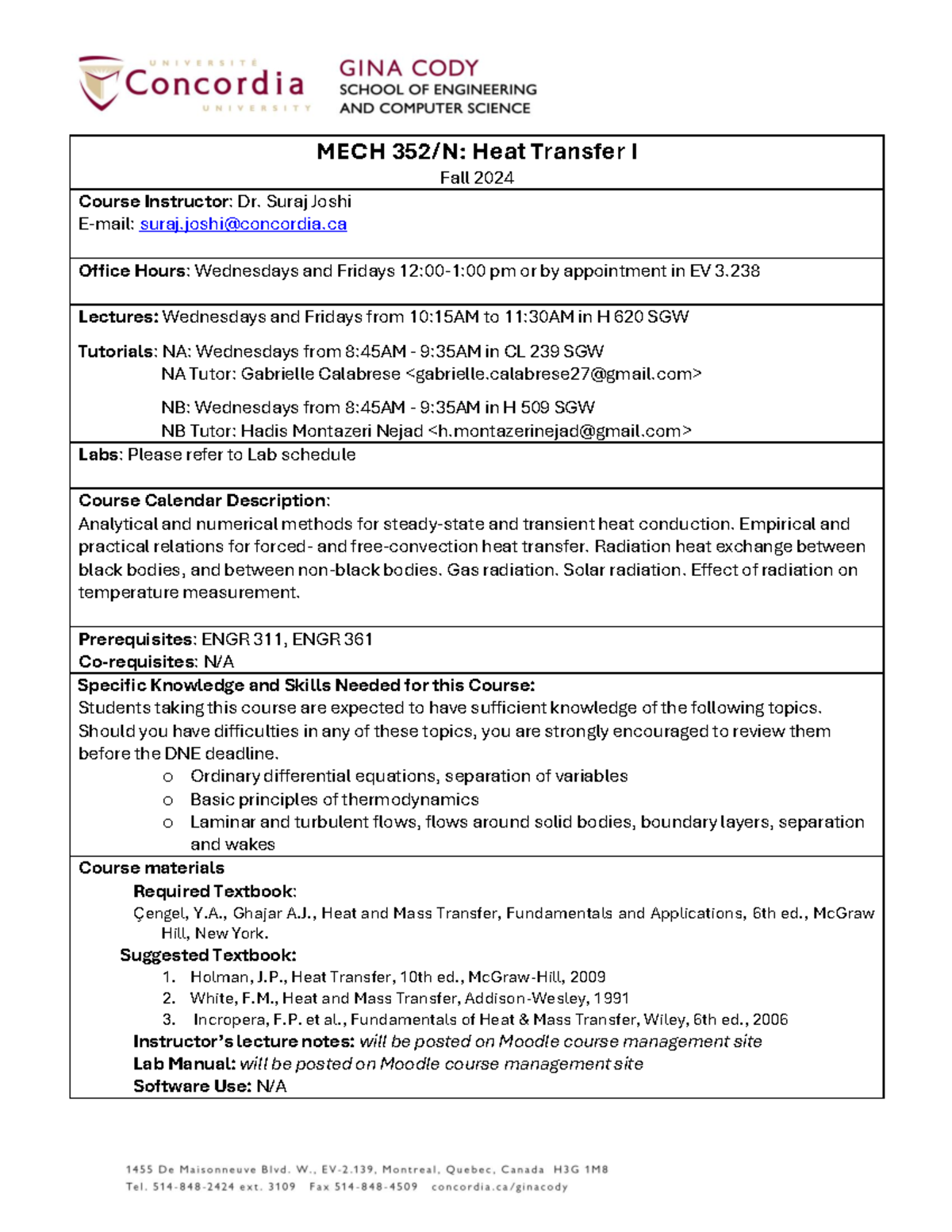 Course Outline MECH 352 N Fall 2024 - MECH 352 /N: Heat Transfer I Fall ...