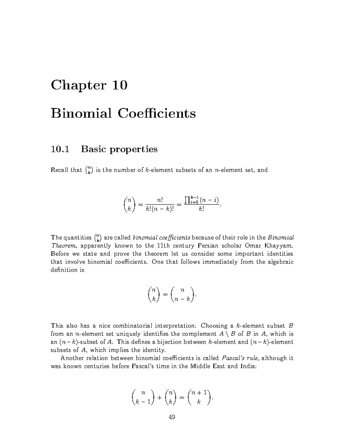 Binomial Coefficients Chapter 10 Binomial Coefficients 10 Basic