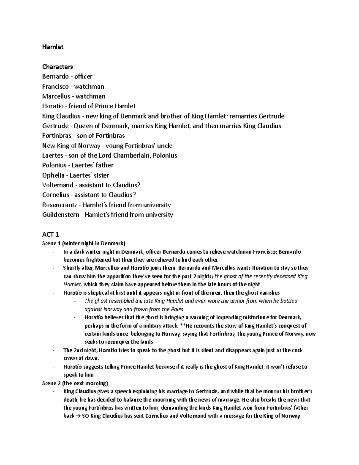 Hamlet Study Guide - Hamlet Characters Bernardo - officer Francisco ...