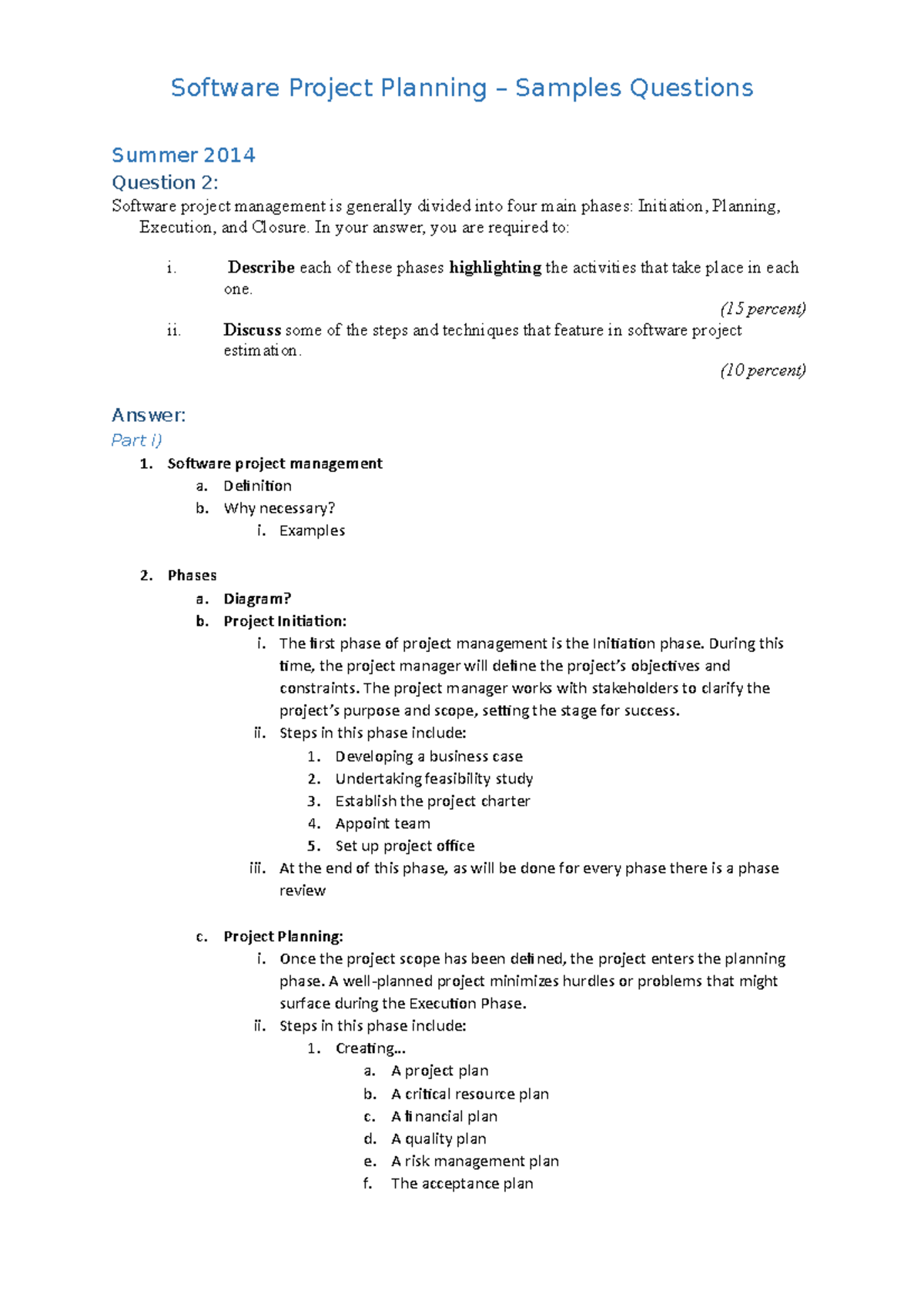 Project Planning & Estimation Notes - Software Project Planning ...