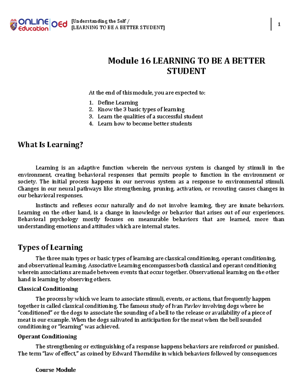 Learning to be a student - [Understanding the Self / [LEARNING TO BE A ...