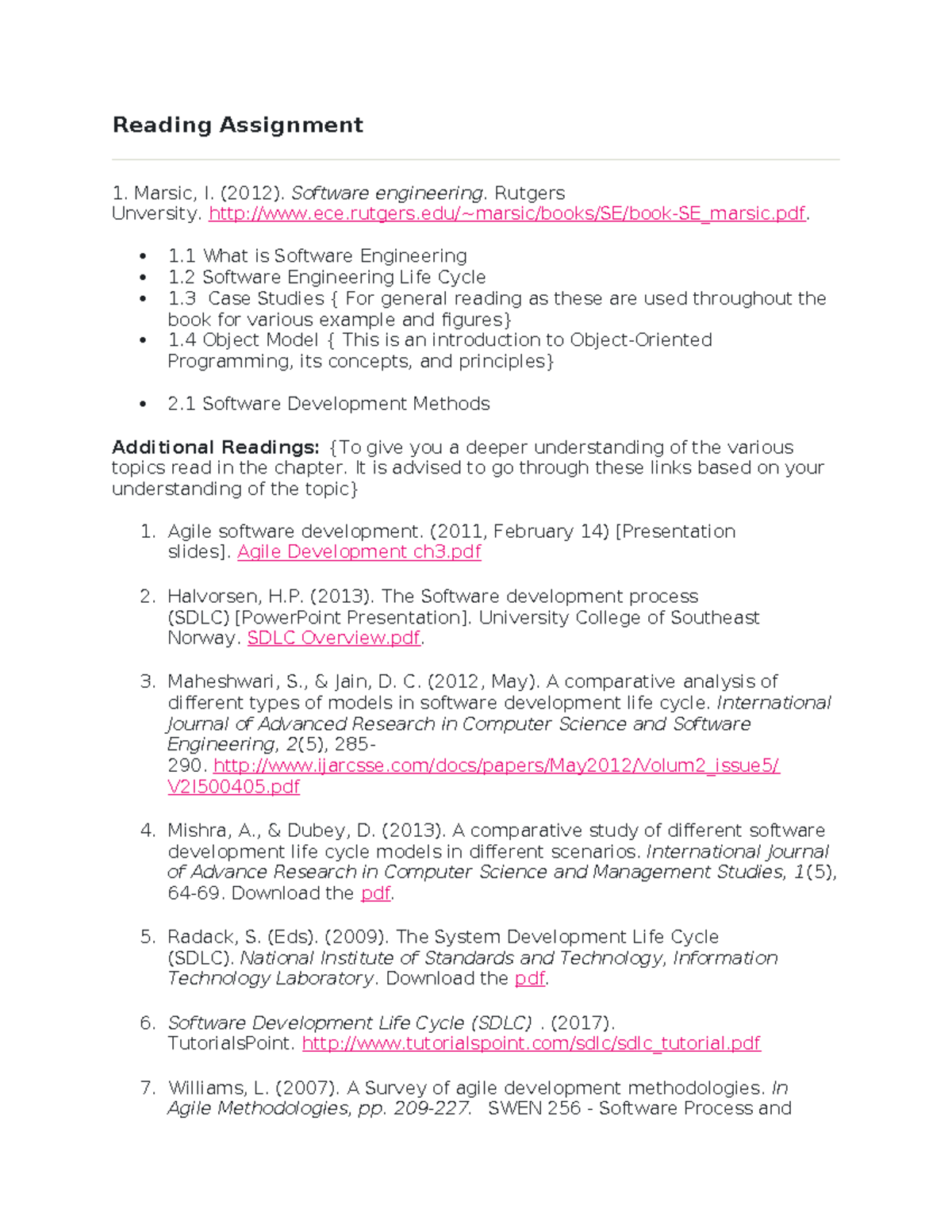 CS 2401 Week-1 - Assignment - Reading Assignment 1. Marsic, I. (2012 ...