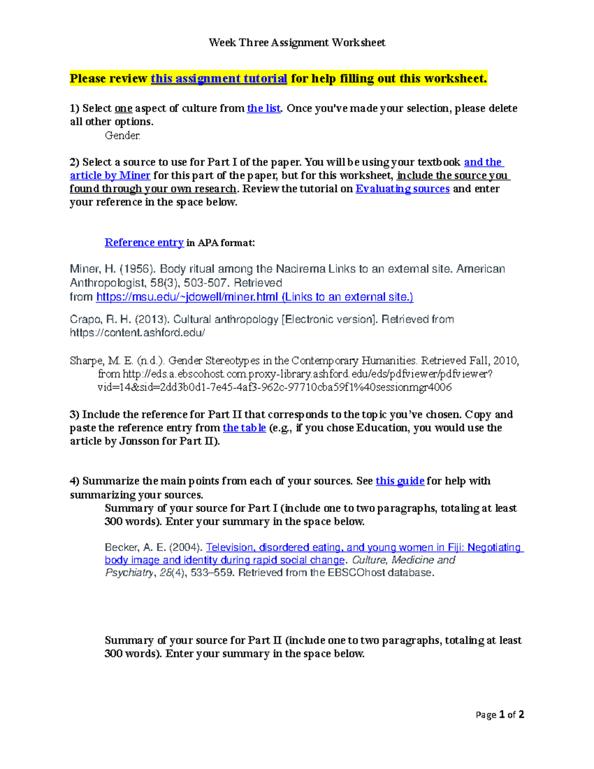 Wk3assign - Grade: A - Week Three Assignment Worksheet Please review ...