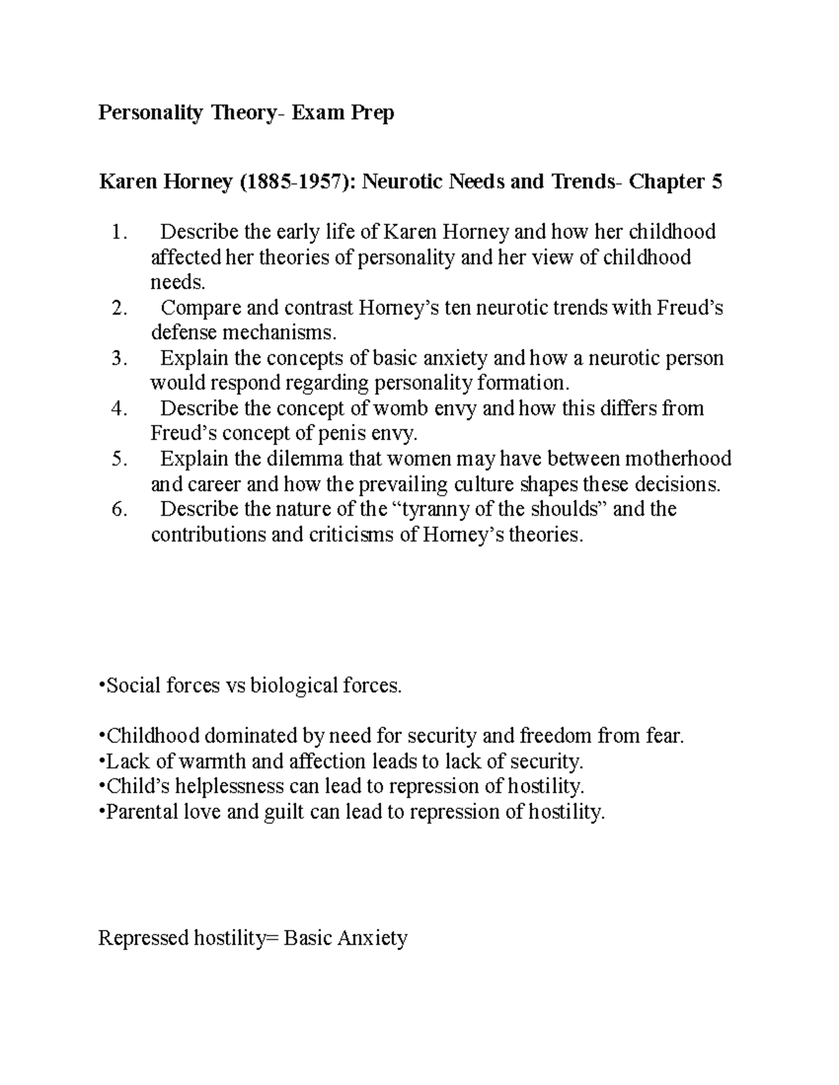 Personality Theory Exam Notes - Personality Theory- Exam Prep Karen ...