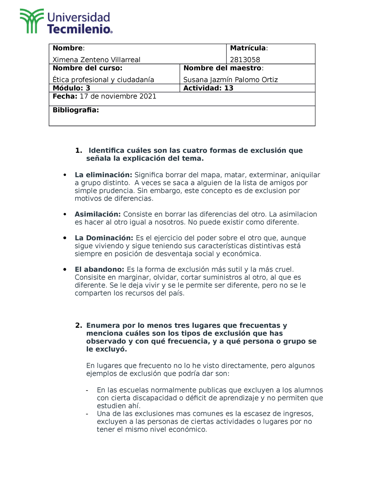 Actividad 13 - Ética Profesional - Nombre : Ximena Zenteno Villarreal ...