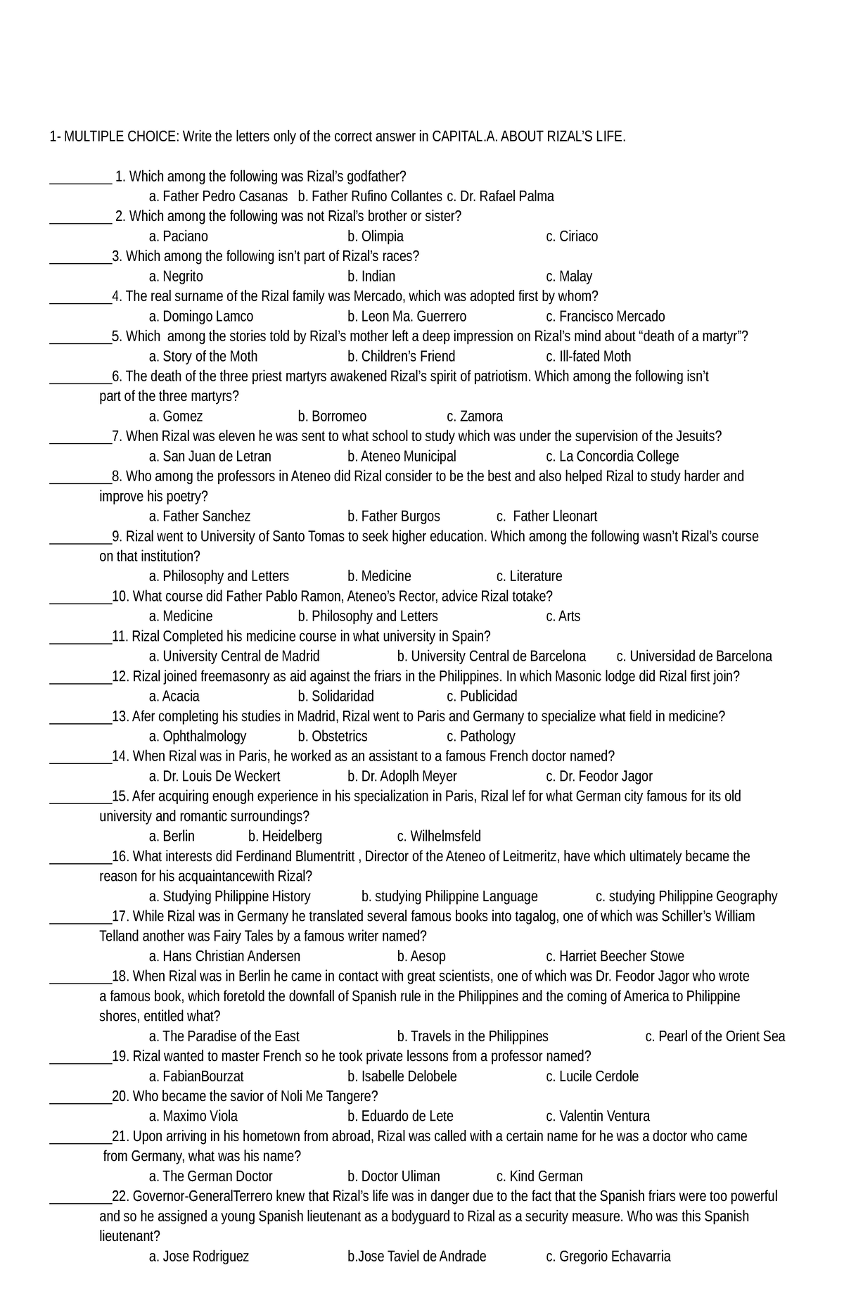 Rizal Final - lecture - 1- MULTIPLE CHOICE: Write the letters only of ...