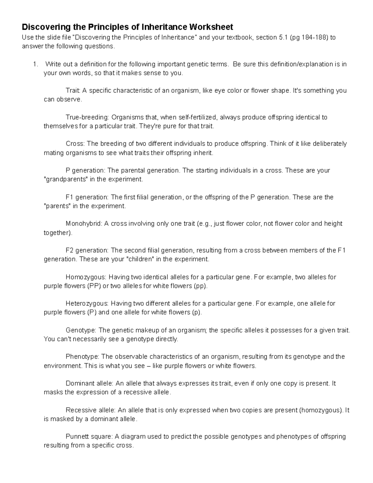 Copy of Discovering the Principles of Inheritance Worksheet ...