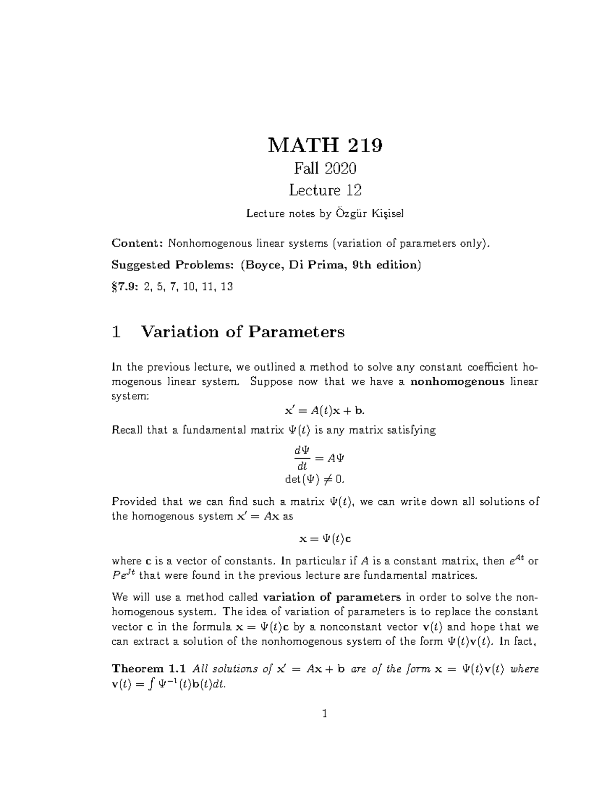 MATH219 Diff Lecture 12 - MATH 219 Fall 2020 Lecture 12 Lecture Notes ByOzg ̈ur Ki ̧sisel ̈ ...