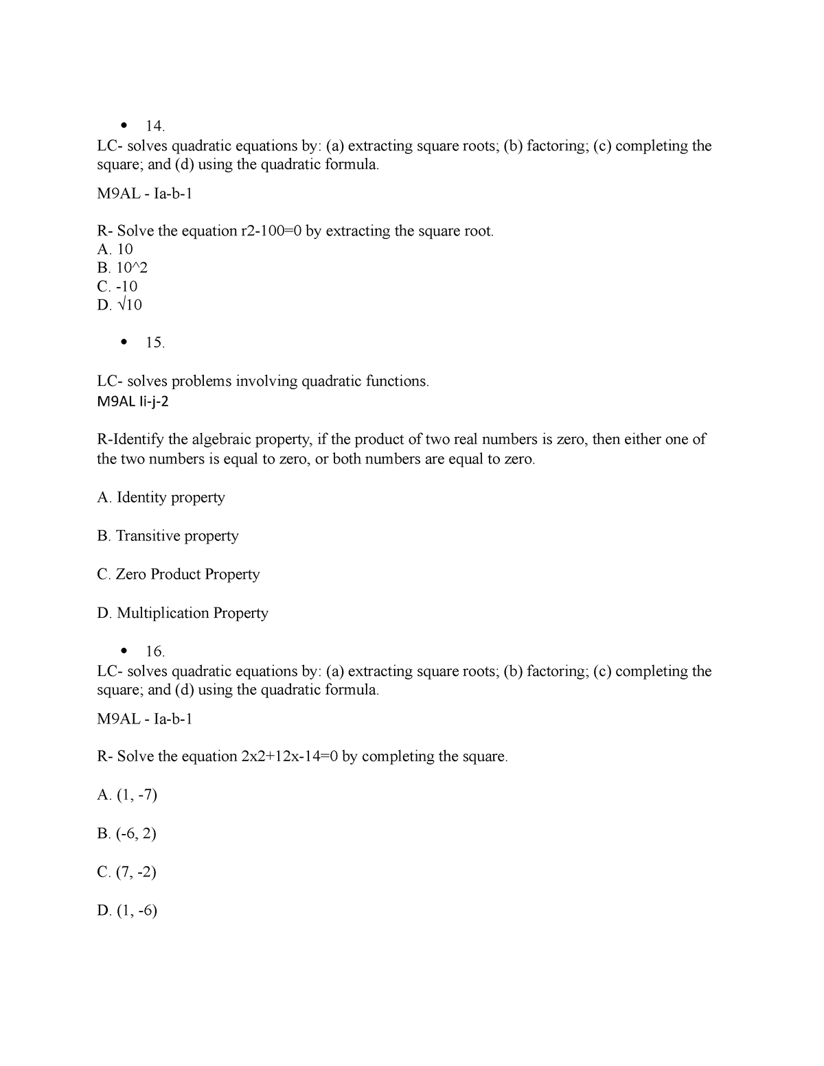 LC and Revise Q - ASDFGHJKL; - LC- solves quadratic equations by: (a ...