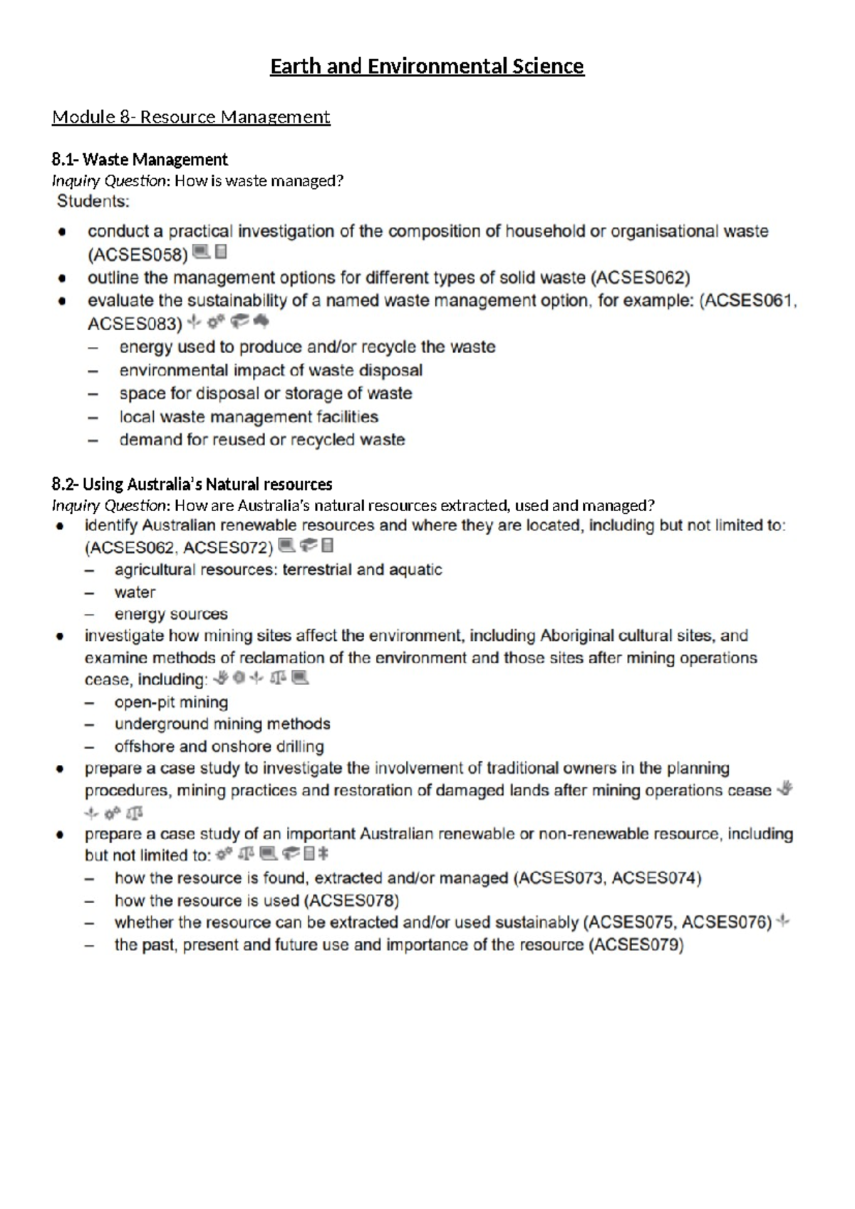 Yr 12 checklist - Module 8- Resource Management 8- Waste Management ...