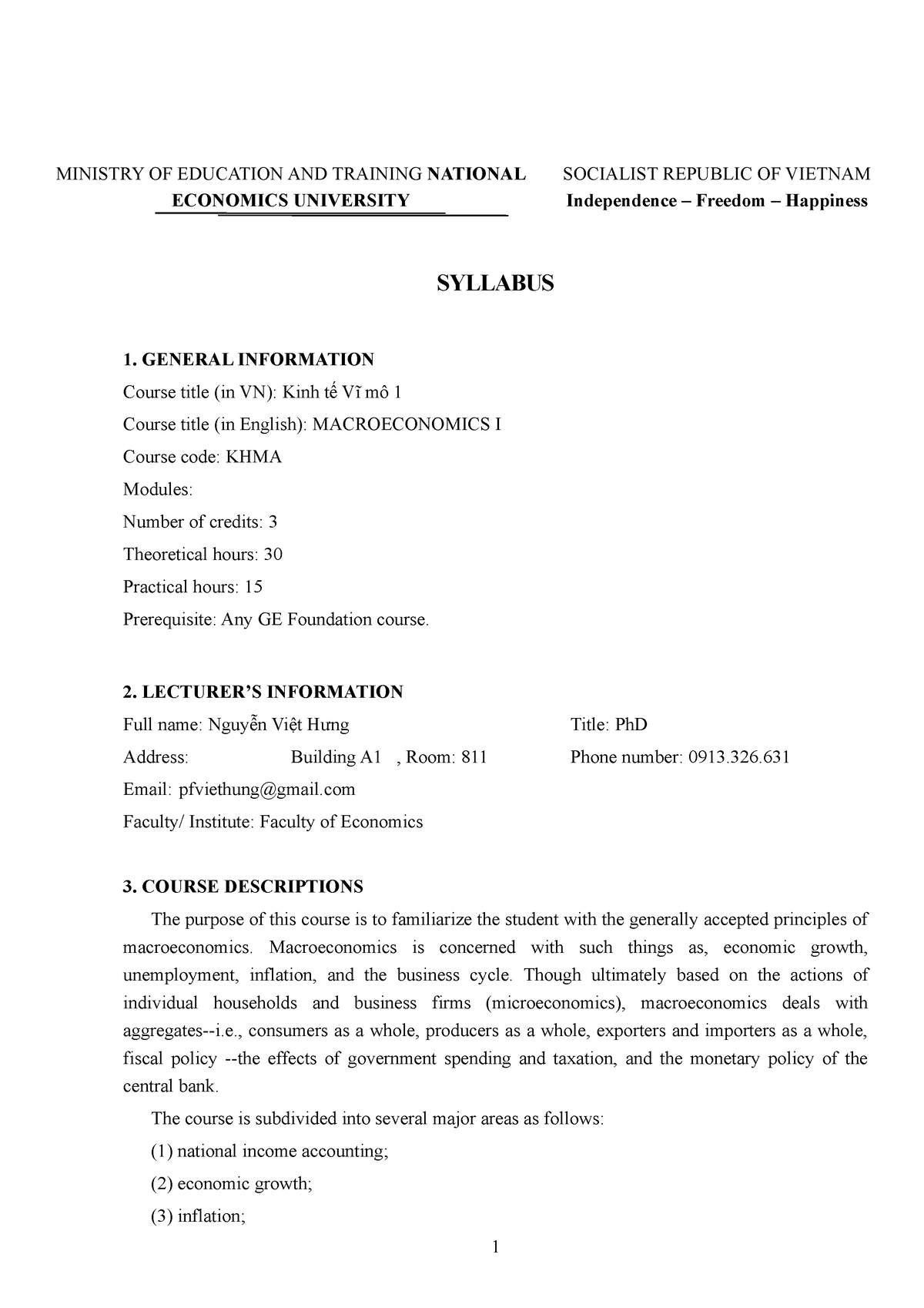 1-Syllabus Macroeconomics 1-EBBA - MINISTRY OF EDUCATION AND TRAINING ...