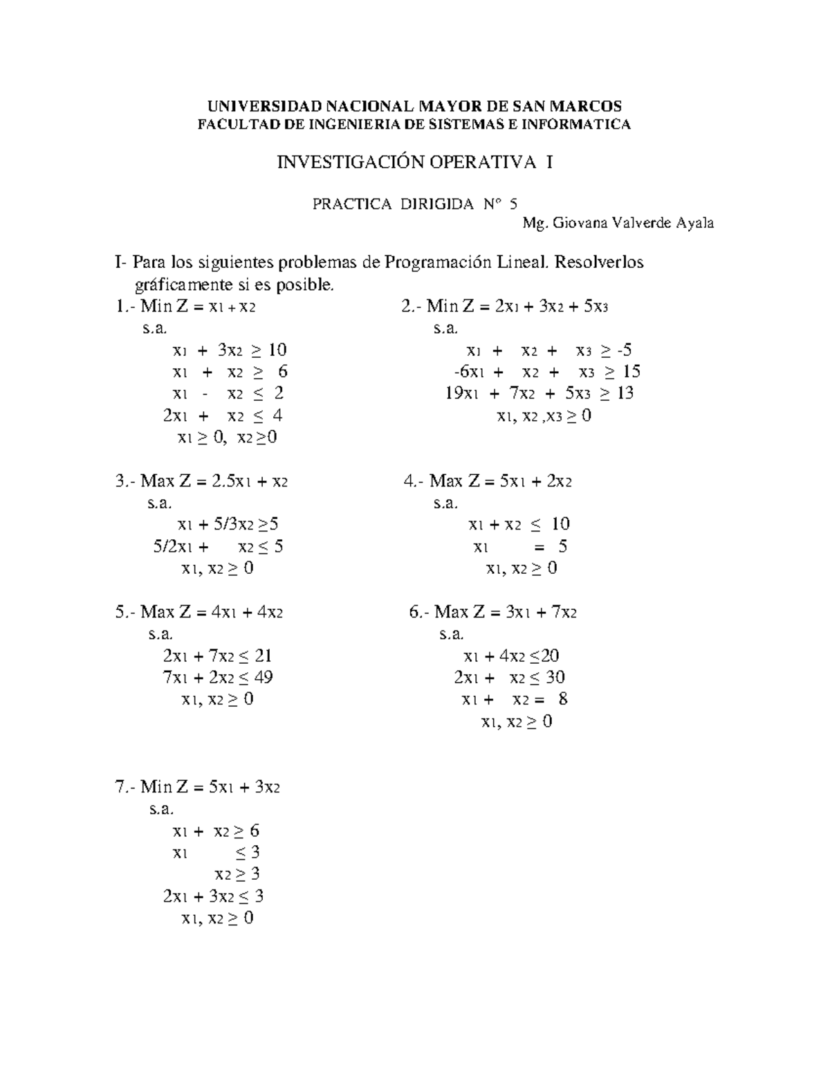 Practica N 5 Programaci N Lineal - UNIVERSIDAD NACIONAL MAYOR DE SAN ...