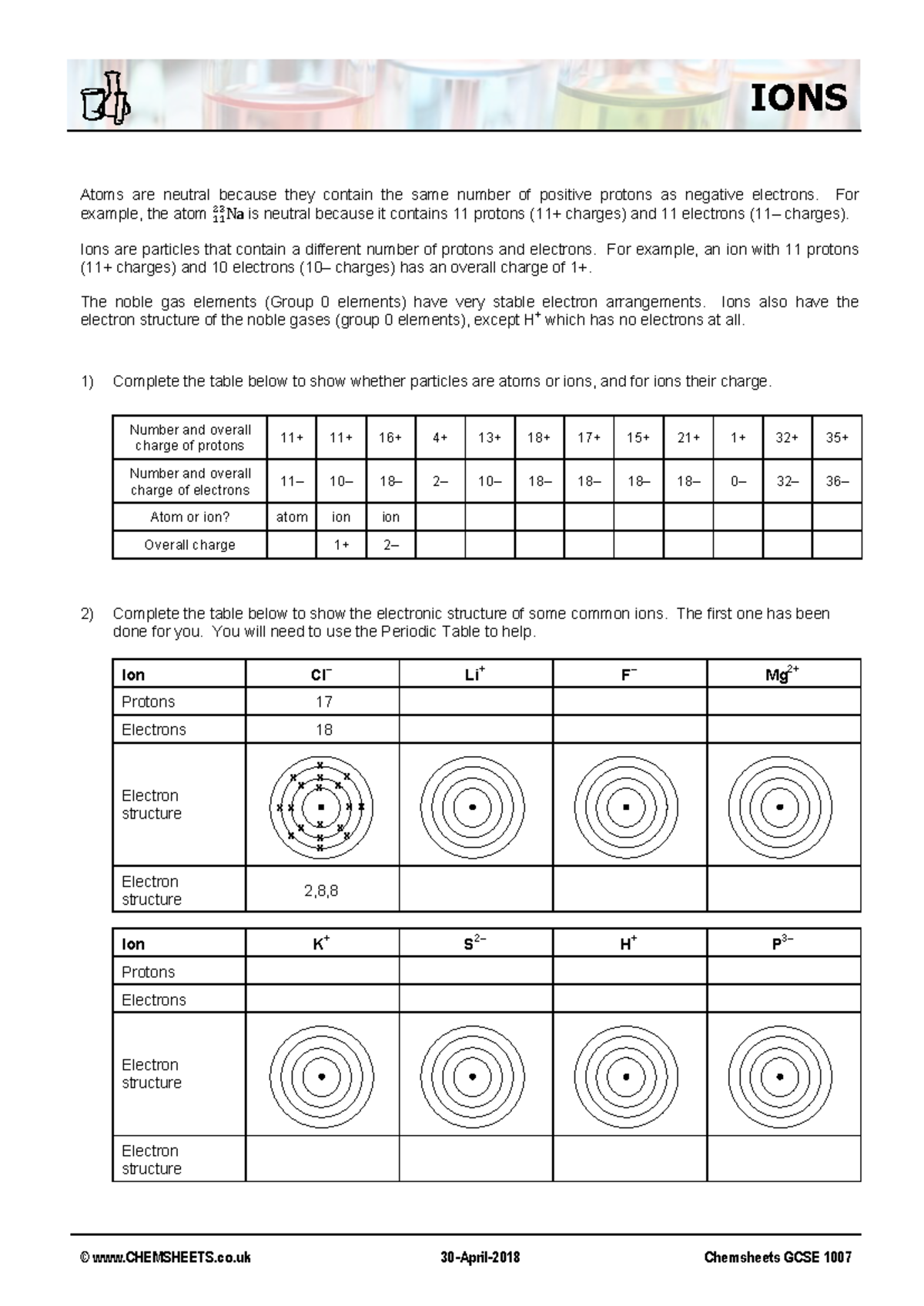 Chemsheets GCSE 1007 Ions - © CHEMSHEETS.co 30 - April- 2018 Chemsheets ...