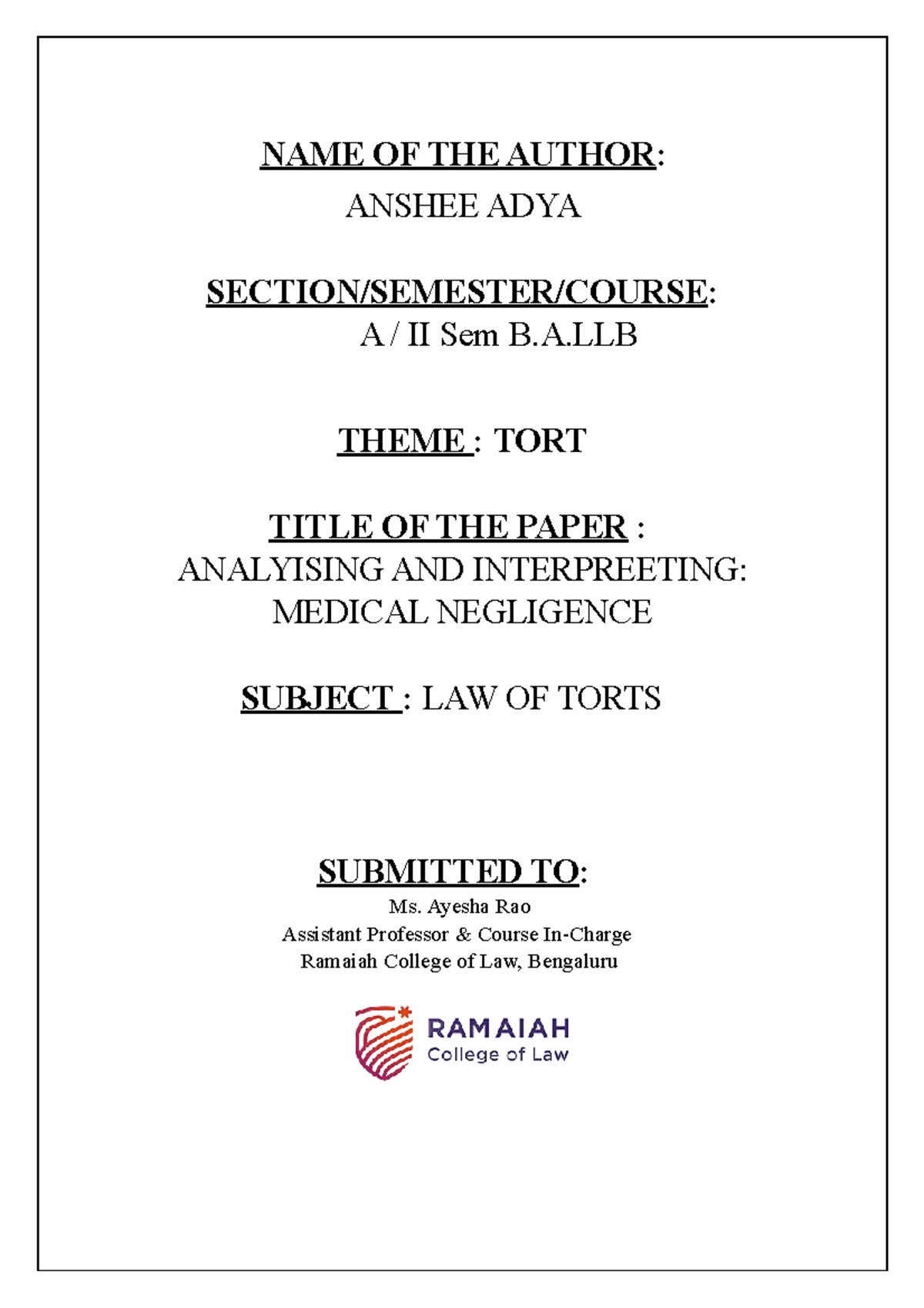 law-of-tort-nice-name-of-the-author-anshee-adya-section-semester