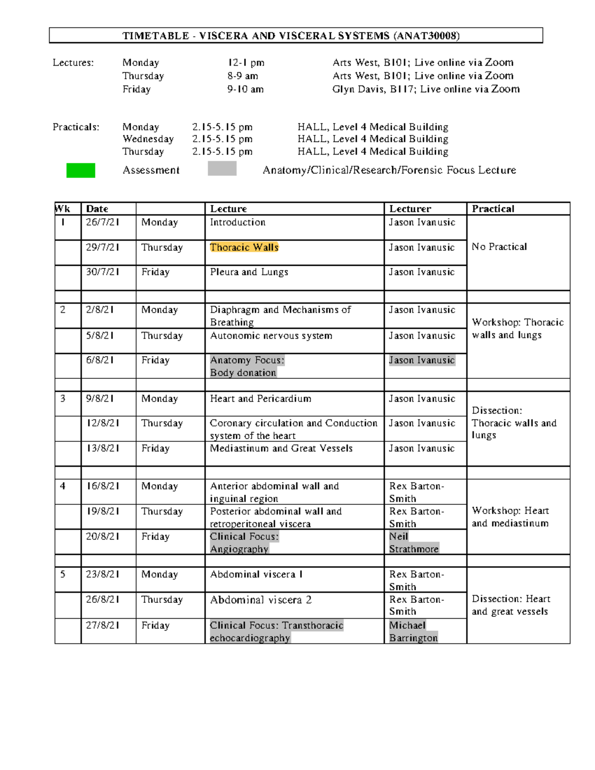 Timetable 2021 Unimelb TIMETABLE VISCERA AND VISCERAL SYSTEMS