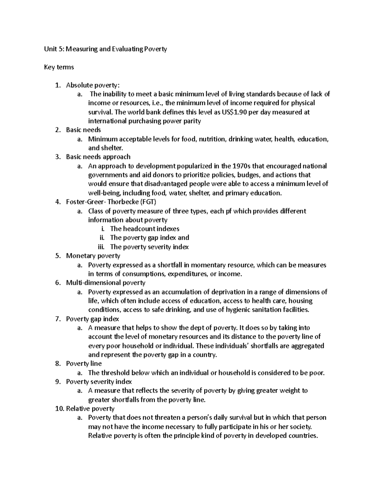 Unit 5 - nothing - Unit 5: Measuring and Evaluating Poverty Key terms 1 ...